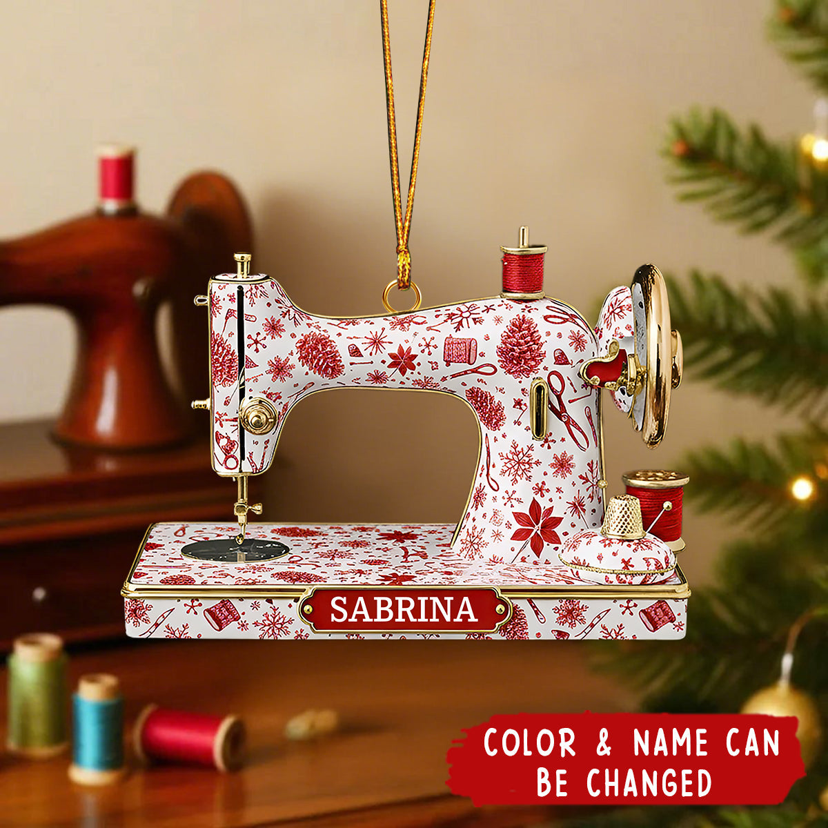 Personalized Sewing Machine Ornament – Acrylic Christmas Gift for Seamstress, Quilter, Crafter
