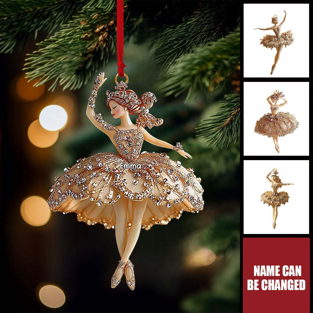 Personalized Elegant Ballerina Ornament With Gold Glitter Tutu, Ballet Christmas Tree Decoration, Nutcracker Dancer Gift