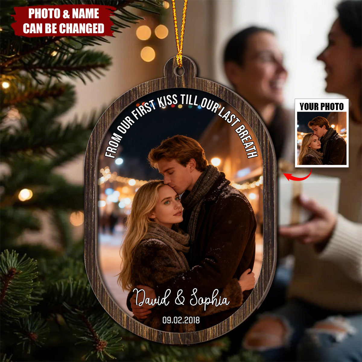 Couple Upload Photo Christmas - Personalized 2-Layered Wooden Ornament
