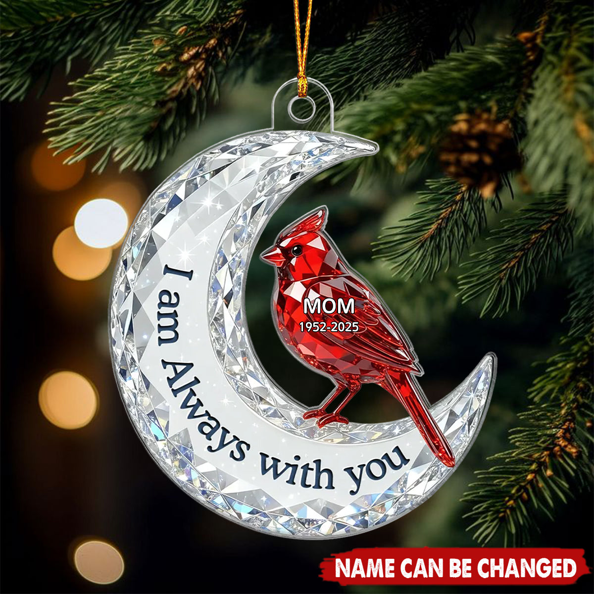 Christmas Cardinal On Moon Memorial - Personalized Acrylic Ornament - Remembrance Gift, Sympathy Gift