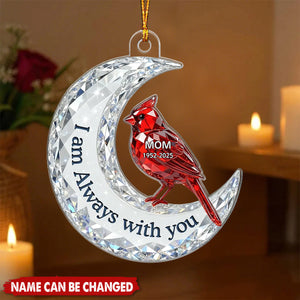 Christmas Cardinal On Moon Memorial - Personalized Acrylic Ornament - Remembrance Gift, Sympathy Gift