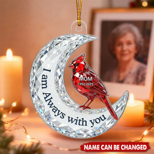 Christmas Cardinal On Moon Memorial - Personalized Acrylic Ornament - Remembrance Gift, Sympathy Gift