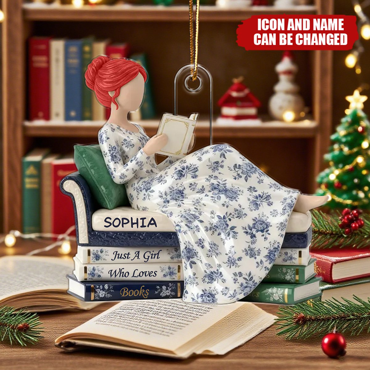 Girl Reading Books On Sofa Toile De Jouy Pattern - Personalized Acrylic Ornament - Christmas Gift For Book Lover, Bookworm