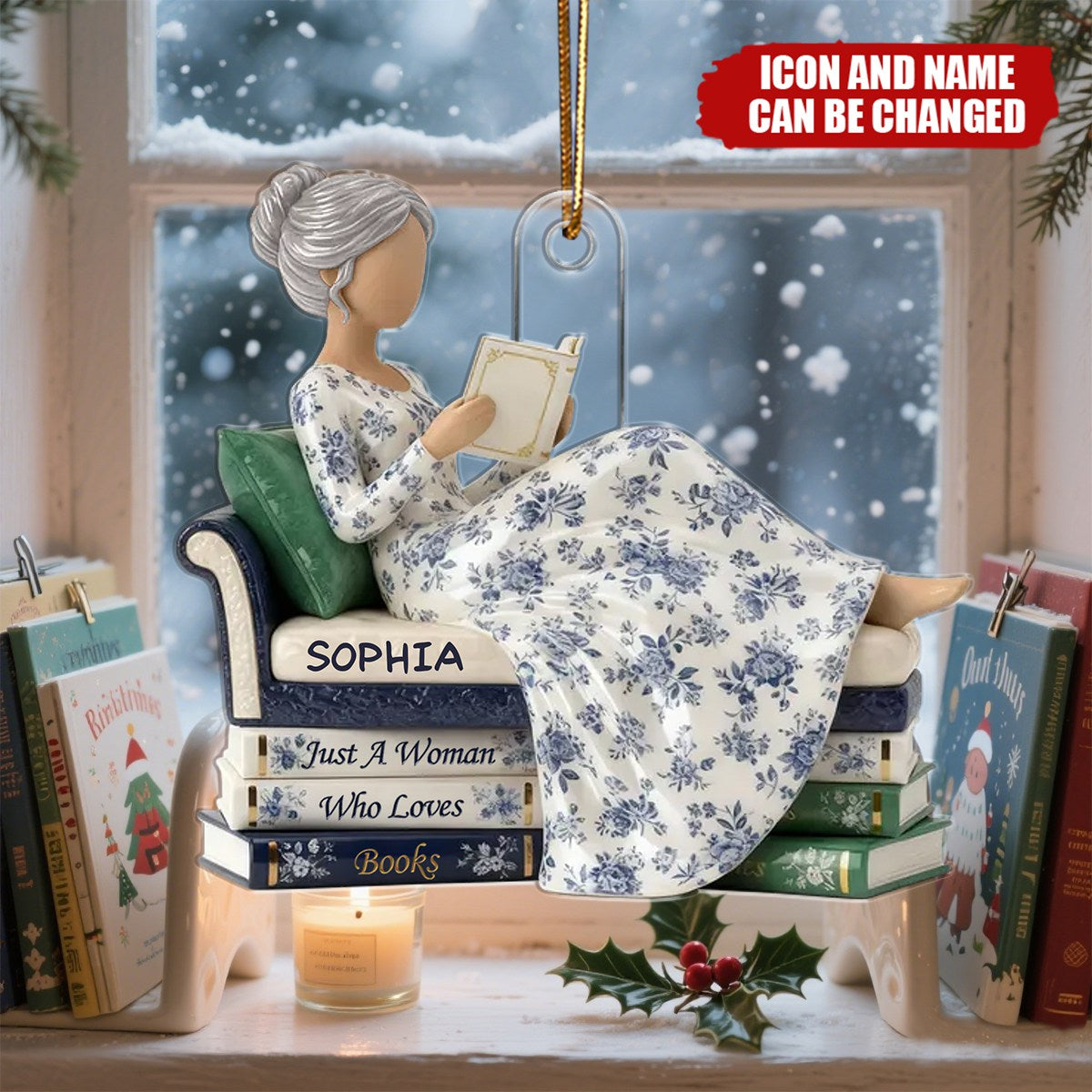 Girl Reading Books On Sofa Toile De Jouy Pattern - Personalized Acrylic Ornament - Christmas Gift For Book Lover, Bookworm