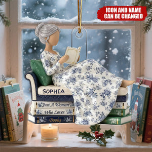 Girl Reading Books On Sofa Toile De Jouy Pattern - Personalized Acrylic Ornament - Christmas Gift For Book Lover, Bookworm