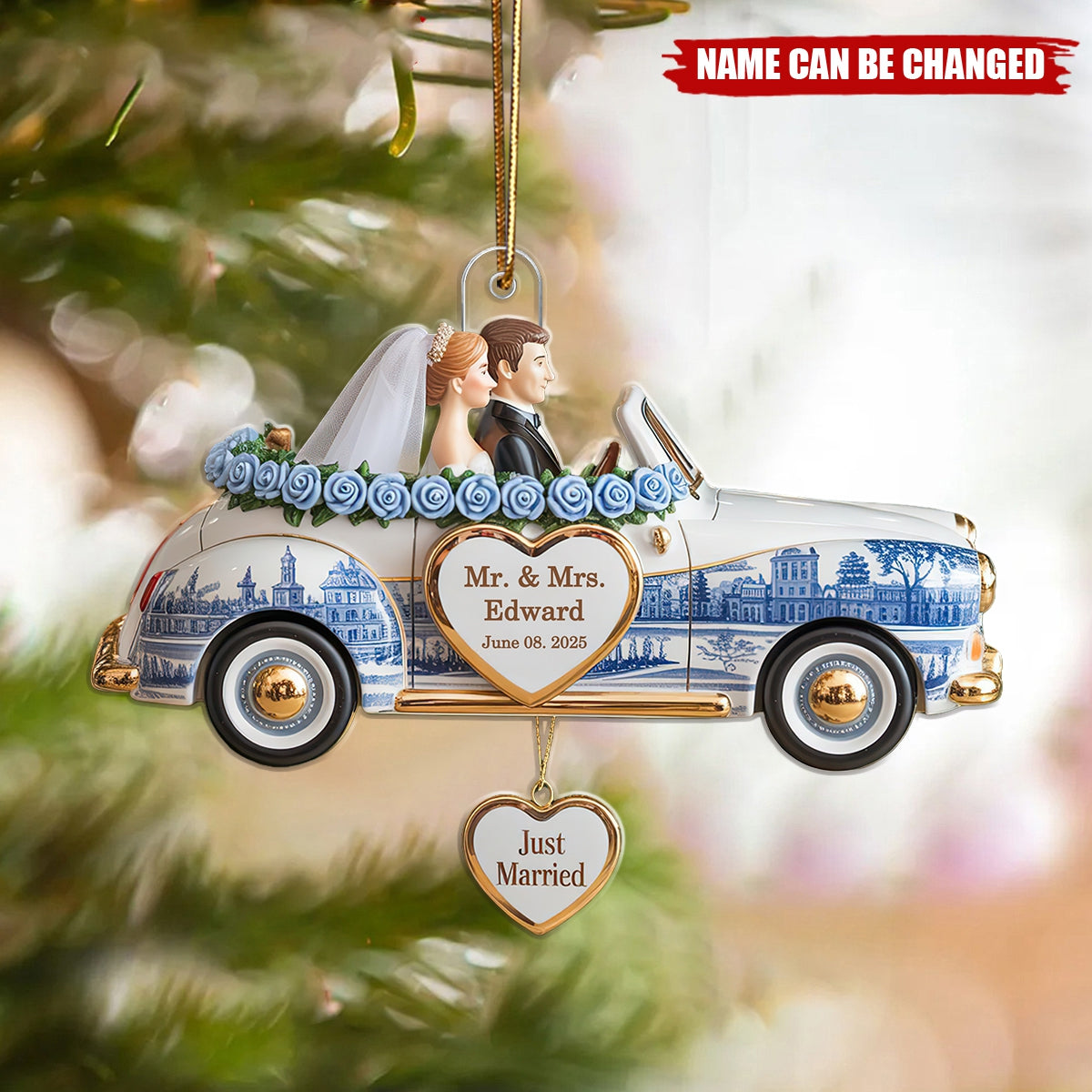 Personalized Just Married Toile de Jouy Ornament, Wedding Gifts For Couple, Mr and Mrs, First Christmas Married, Newlywed Car