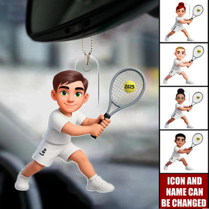 Girl Boy Playing Tennis - Personalized Acrylic Car Ornament - Gift For Tennis Players, Grandson, Granddaughter
