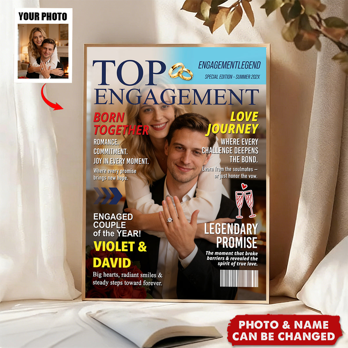 Personalized Engagement Magazine Poster, Gift For Engaged Couple, Custom Couple Photo, Engagement Gift, Wedding Keepsake