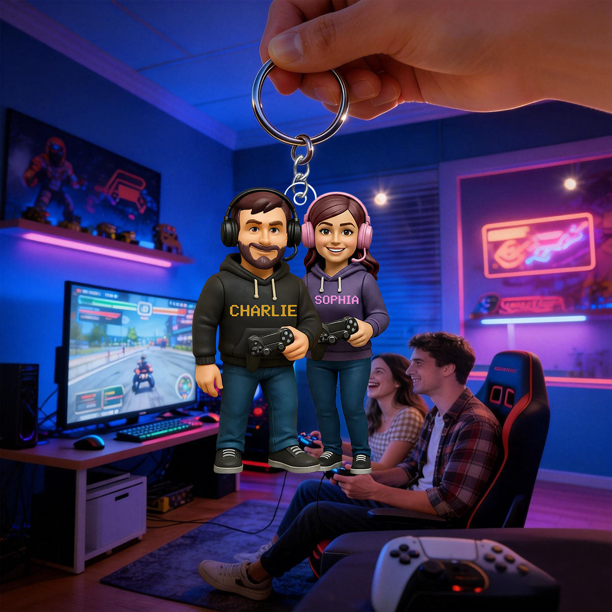 Gamer Couple Cooler Custom Action Figure - Personalized Acrylic Keychain - Anniversary, Valentine's Day Gift, Gift For Him, Gift For Her