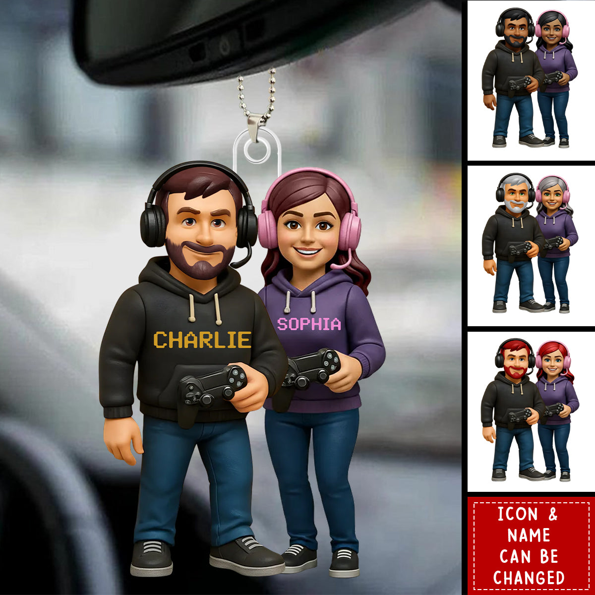 Gamer Couple Cooler Custom Action Figure - Personalized Acrylic Car Ornament - Anniversary, Valentine's Day Gift, Gift For Him, Gift For Her