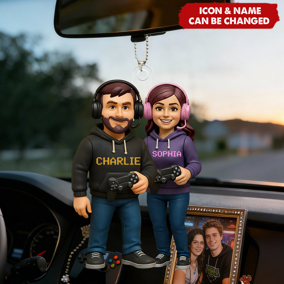 Gamer Couple Cooler Custom Action Figure - Personalized Acrylic Car Ornament - Anniversary, Valentine's Day Gift, Gift For Him, Gift For Her