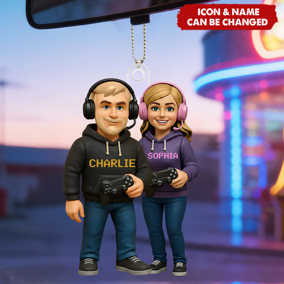 Gamer Couple Cooler Custom Action Figure - Personalized Acrylic Car Ornament - Anniversary, Valentine's Day Gift, Gift For Him, Gift For Her