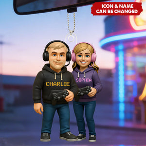 Gamer Couple Cooler Custom Action Figure - Personalized Acrylic Car Ornament - Anniversary, Valentine's Day Gift, Gift For Him, Gift For Her