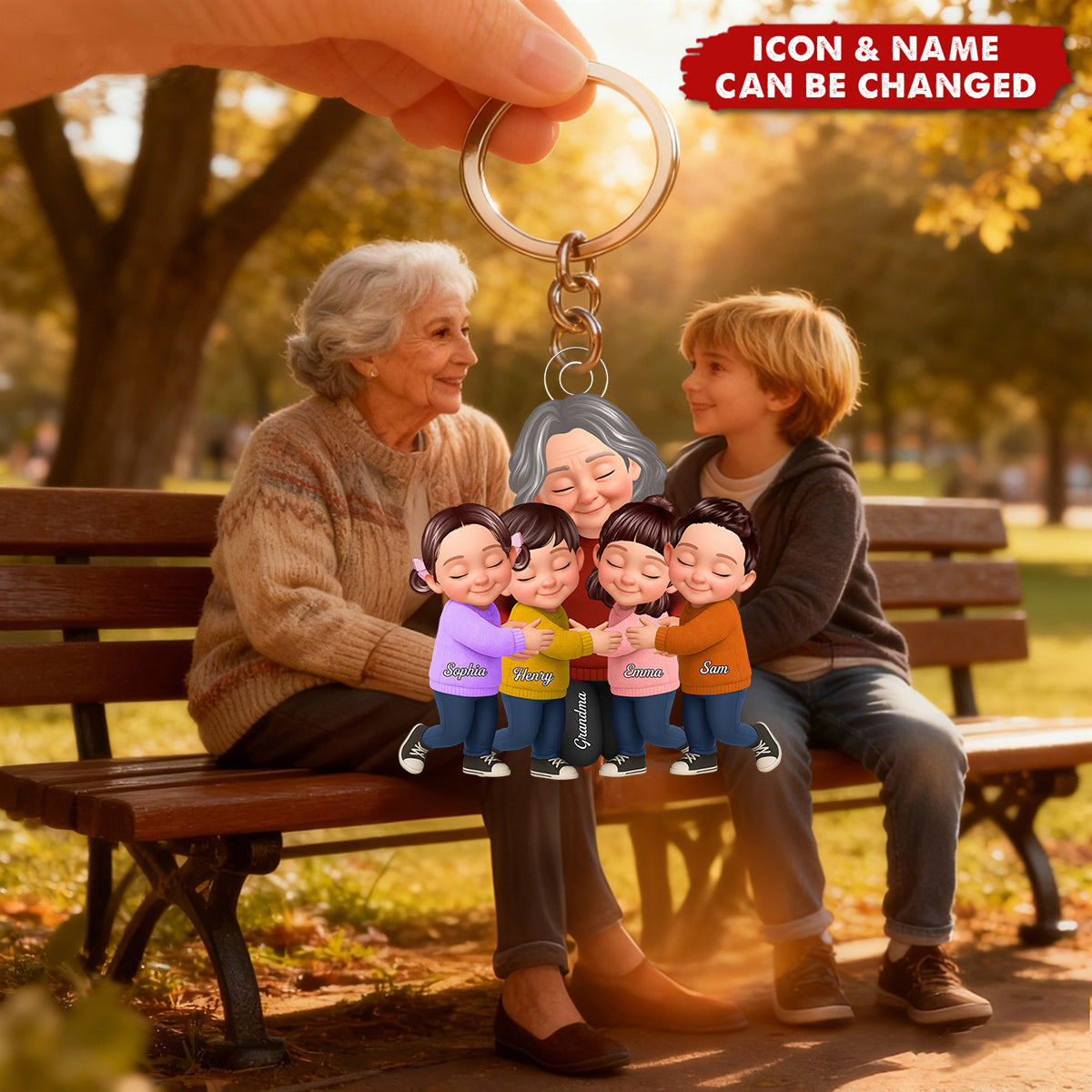 Grandma And Grandkids Under Blossom Tree - Personalized Keychain
