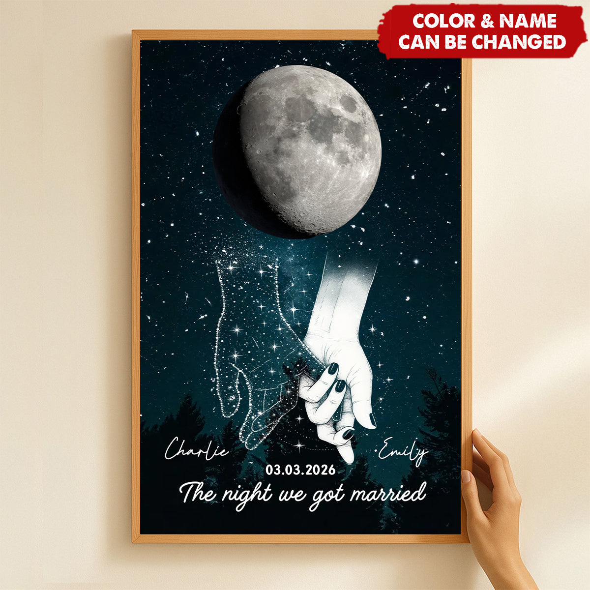 Galaxy Night Couple Holding Hands Custom Moon Phase Anniversary Date Poster -  Wedding Gift For Couple