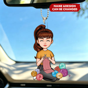 Personalized Acrylic Car Ornament - Just A Girl Who Loves Knitting, Gift For Crafters And Knitters