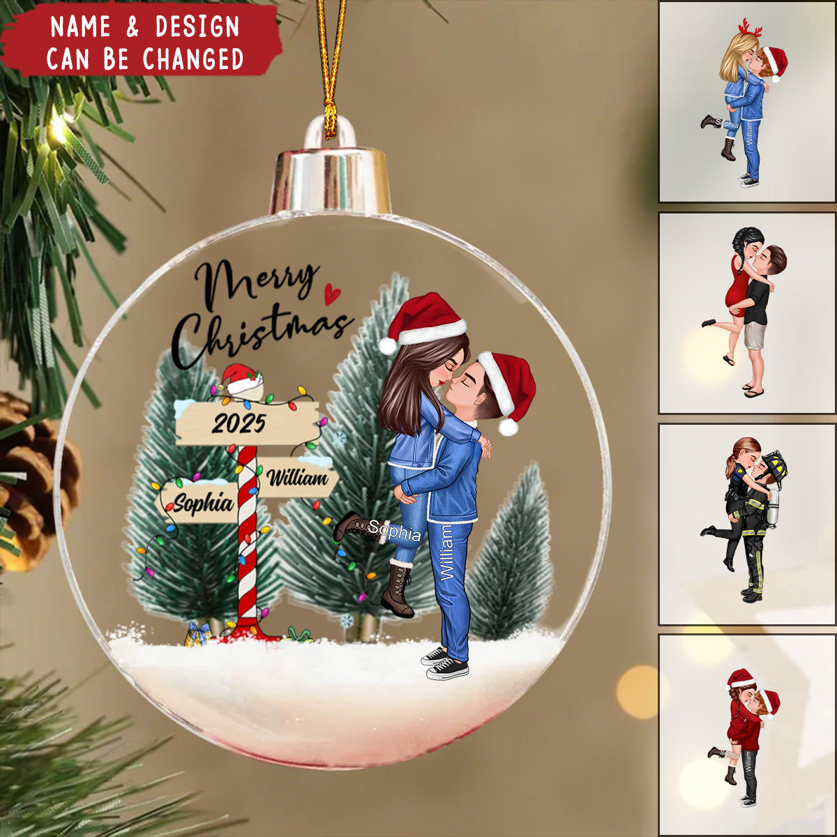 Winter Couple Hugging Kissing In The Snow Personalized Christmas Ball Ornament