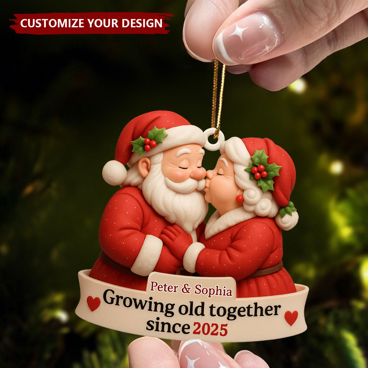 Growing Old Together With Santa and Mrs. Claus Custom Wood Ornament, Gift For Couples and Family