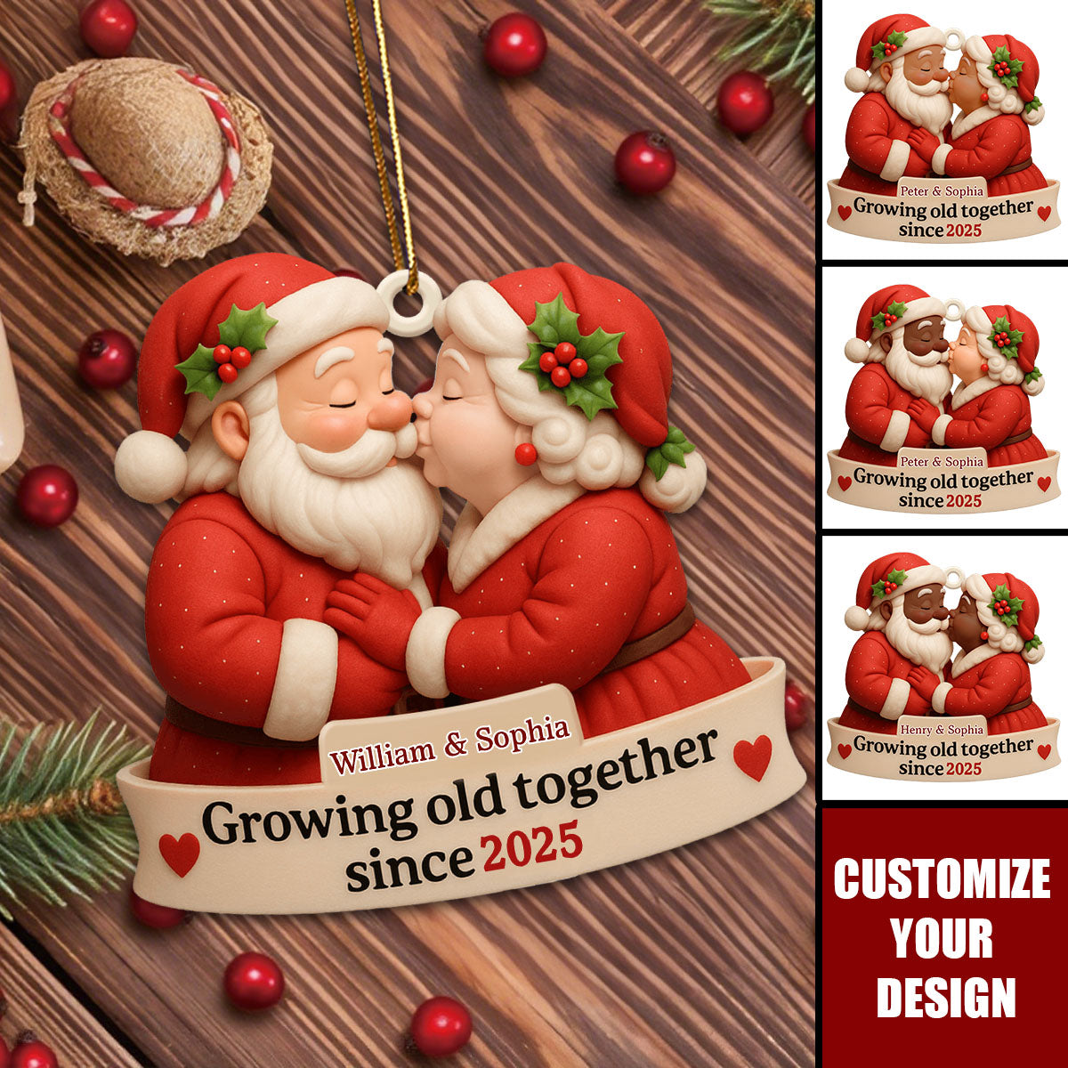Growing Old Together With Santa and Mrs. Claus Custom Wood Ornament, Gift For Couples and Family