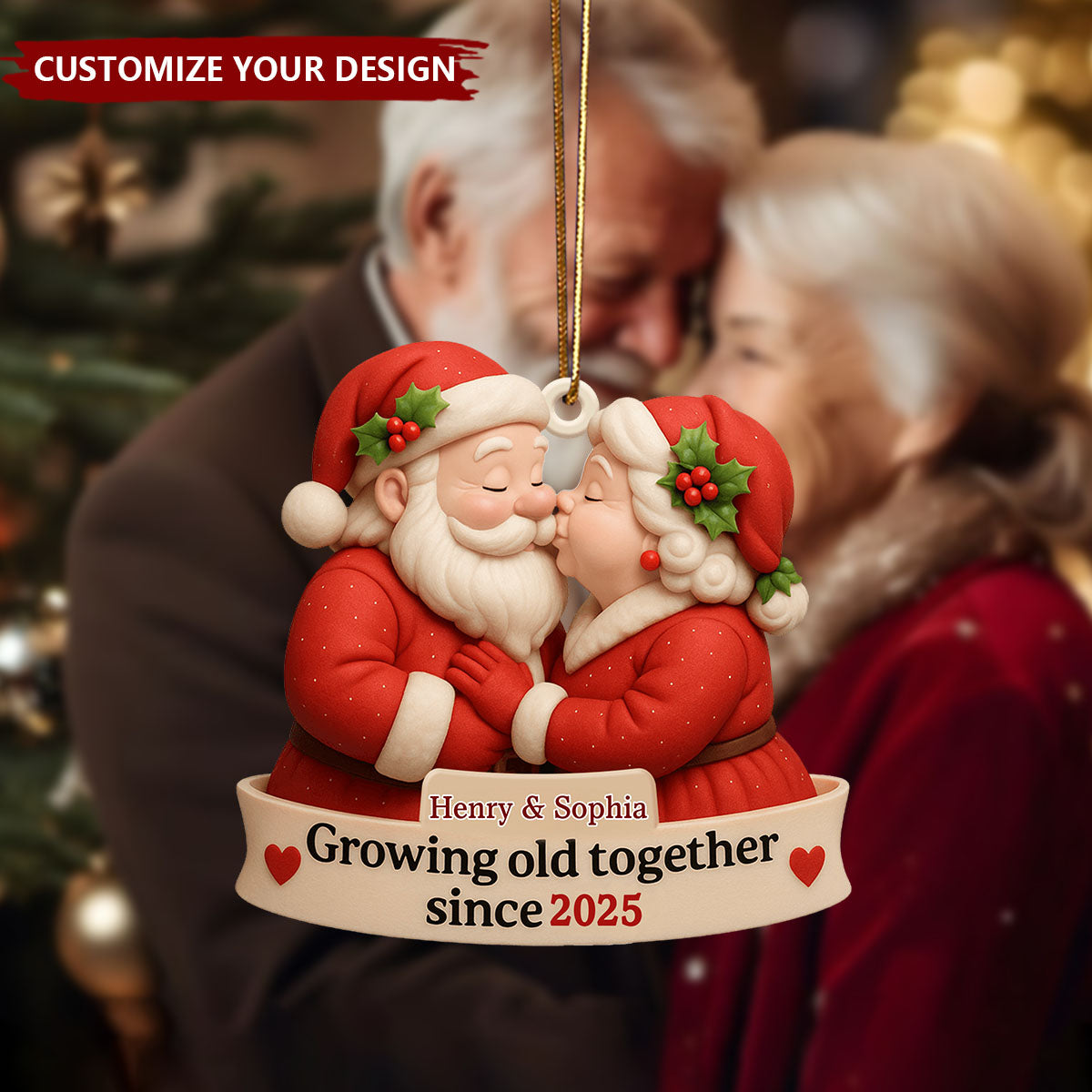 Growing Old Together With Santa and Mrs. Claus Custom Wood Ornament, Gift For Couples and Family