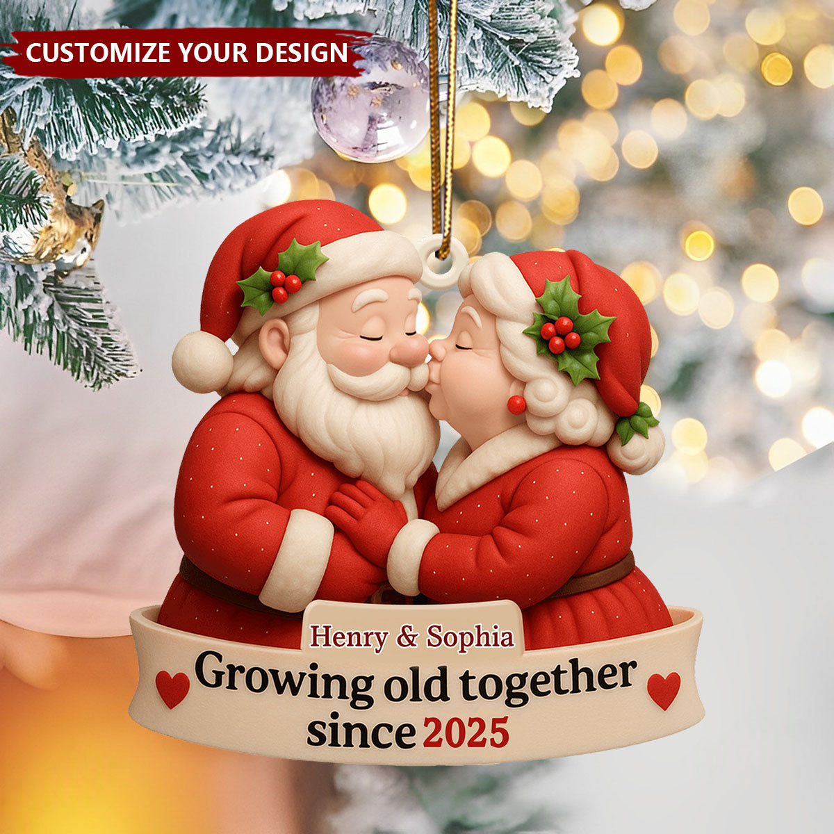 Growing Old Together With Santa and Mrs. Claus Custom Wood Ornament, Gift For Couples and Family