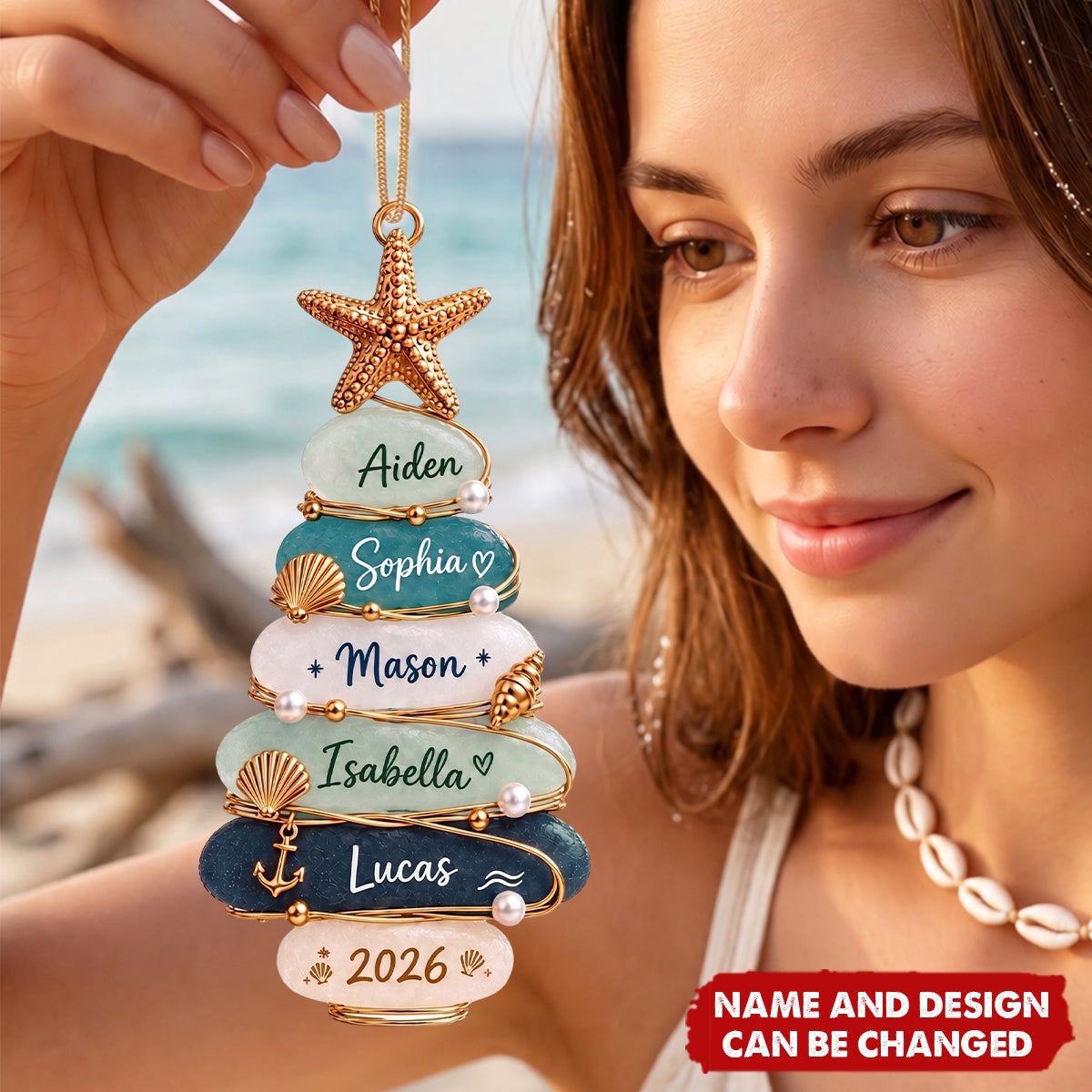 Personalized Family Christmas Ornament, Custom Name Beach Family Tree Acrylic Ornament