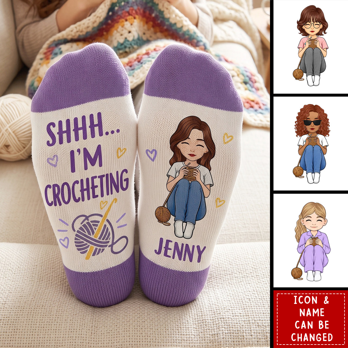 Custom Shhh I'm Crocheting Gifts For Crochet Lovers - Personalized Crew Socks