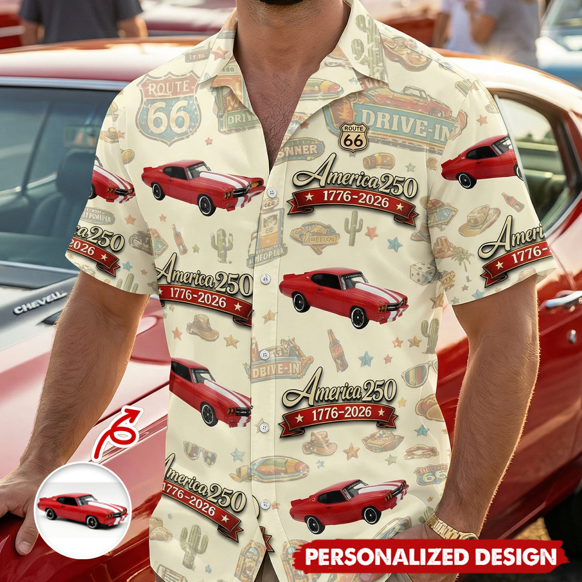 Custom Car Photo Route 66 and America Patriotic 250th Anniversary Hawaii Shirt