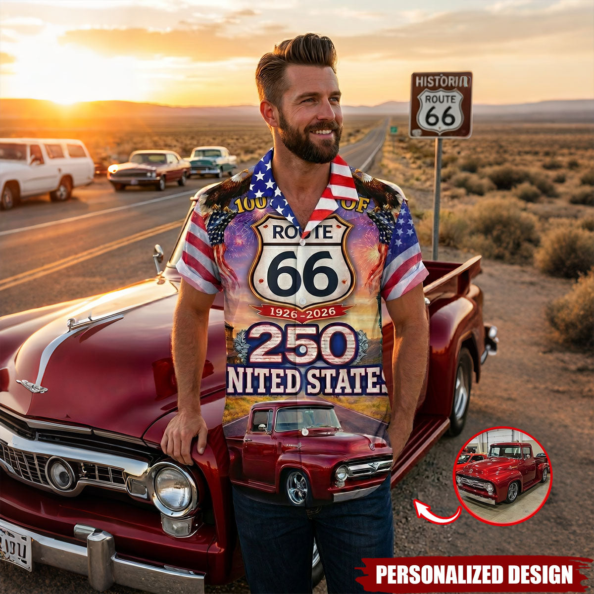 Celebrate America 250th Anniversary - Custom Car Photo Route 66 Hawaiian Shirt