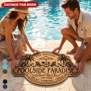 Custom Poolside Shaped Doormat - Personalized Summer Vacation And Travel Gifts For Mom, Dad, Brother, Sister, Kids - Welcome To Our Happy Place