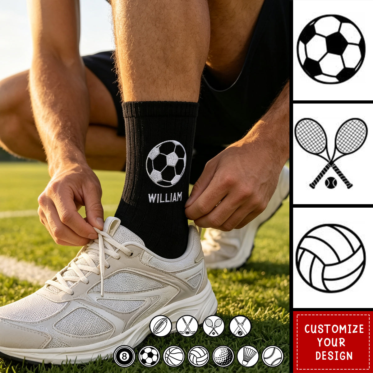 Multiple Sports Icon Choices - Personalized Embroidered Socks