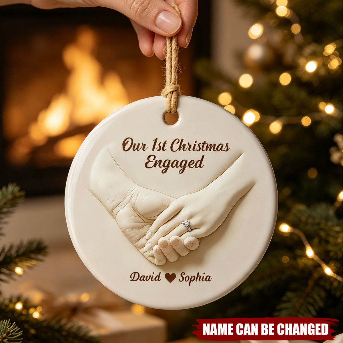 Our 1st Christmas Engaged, Hands With Ring, Custom Ceramic Ornament, Gift For Engaged Couples