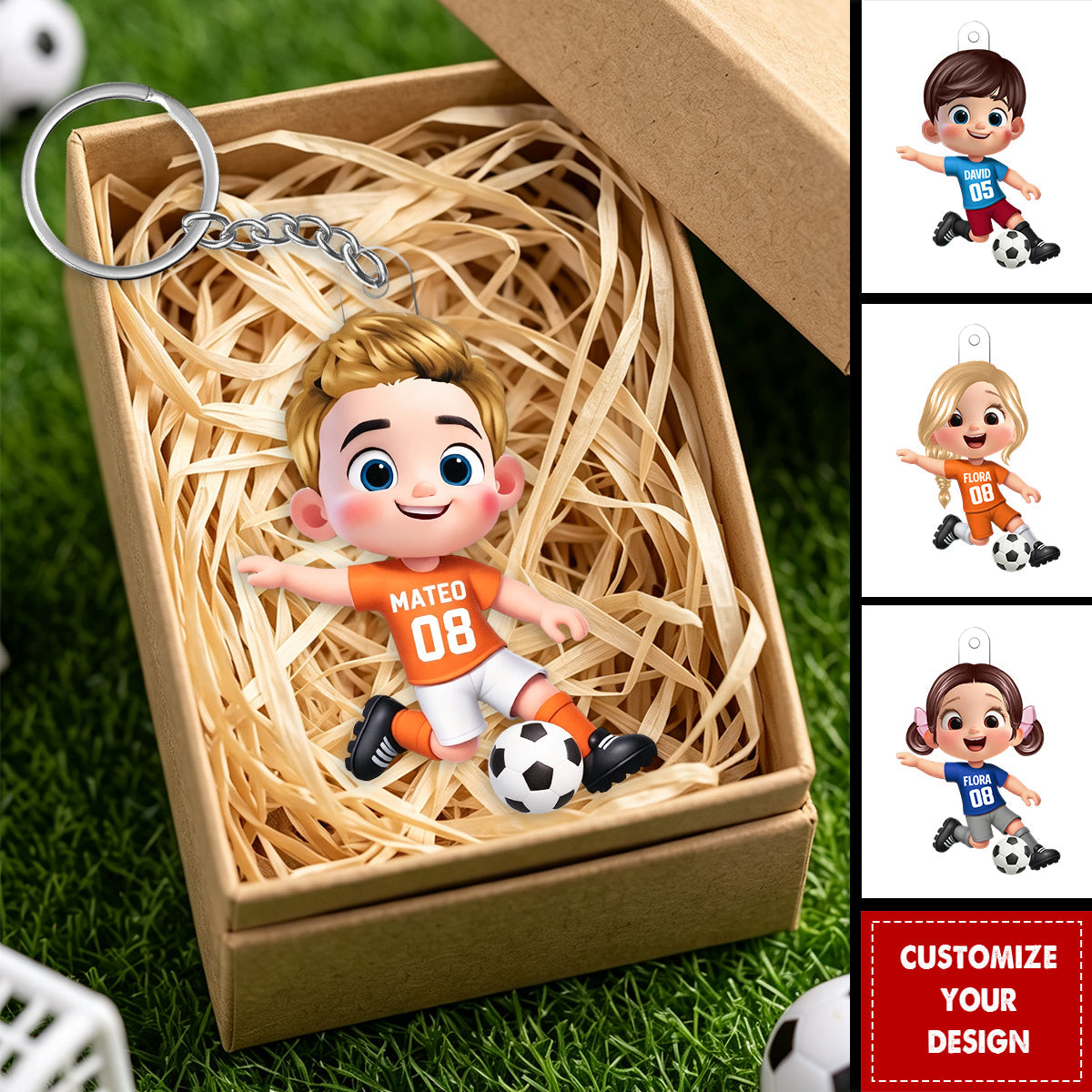 Personalized Cartoon Soccer Player Acrylic Keychain with Name and Number Daily Use Back to School Birthday Gift for Boys Girls