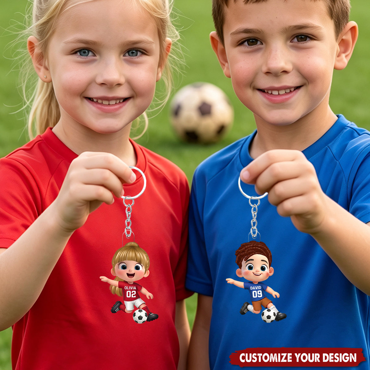 Personalized Cartoon Soccer Player Acrylic Keychain with Name and Number Daily Use Back to School Birthday Gift for Boys Girls