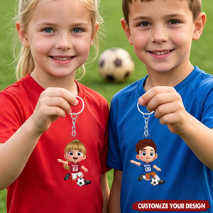 Personalized Cartoon Soccer Player Acrylic Keychain with Name and Number Daily Use Back to School Birthday Gift for Boys Girls