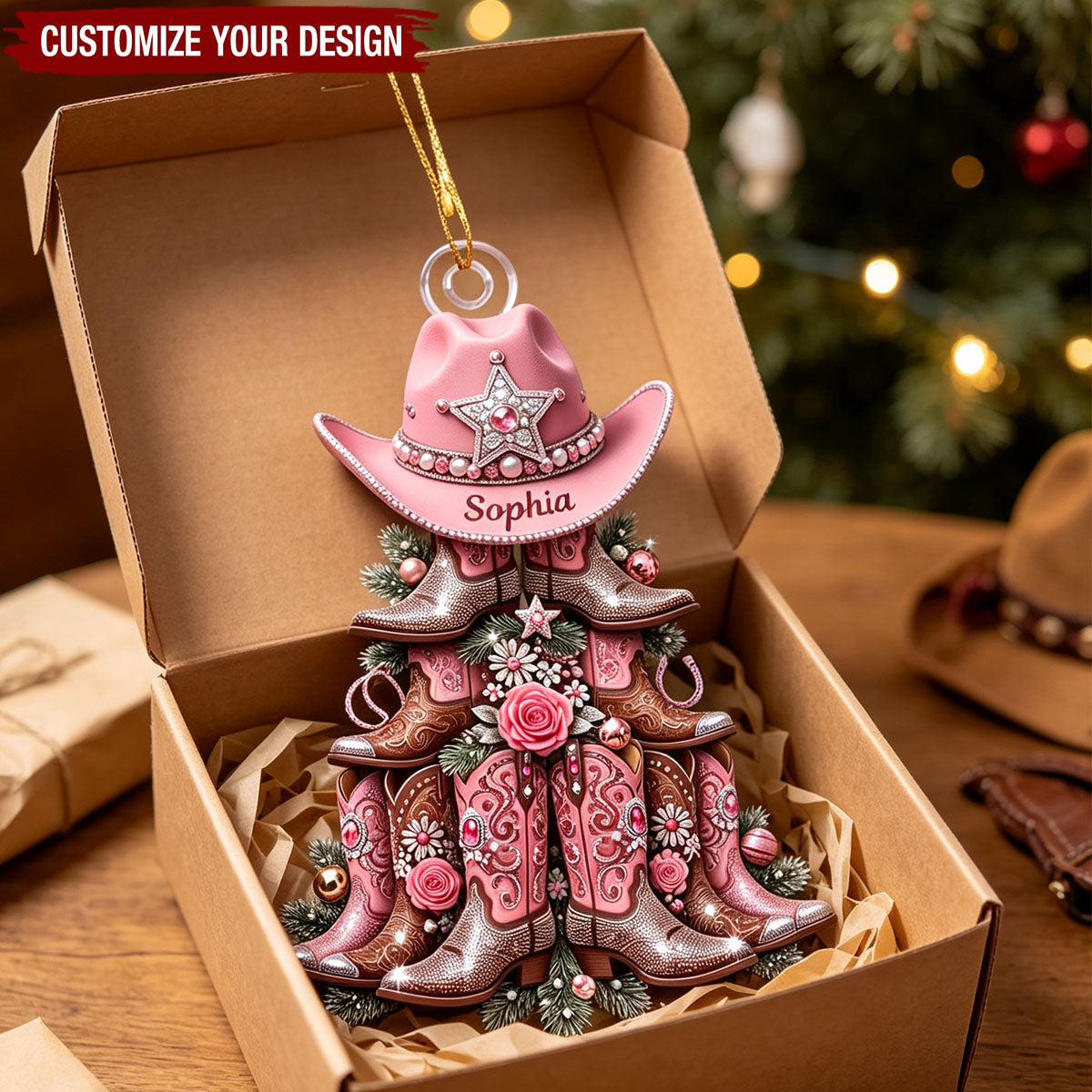 Shimmering Cowgirl Boots Christmas Tree Ornament, Personalize Gifts