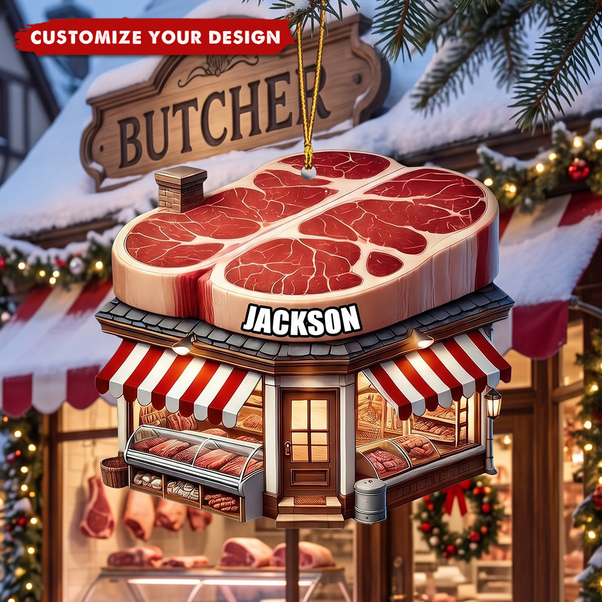 Personalized Butcher Shop Christmas Ornament - Custom Name Gift for Meat Lovers