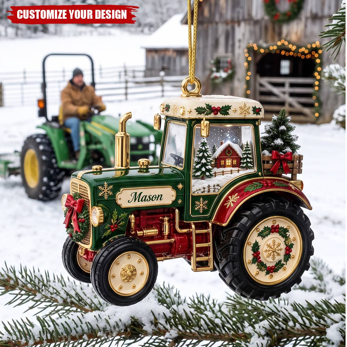 Custom Name Tractor Ornament - Personalized Farmer Holiday Decor
