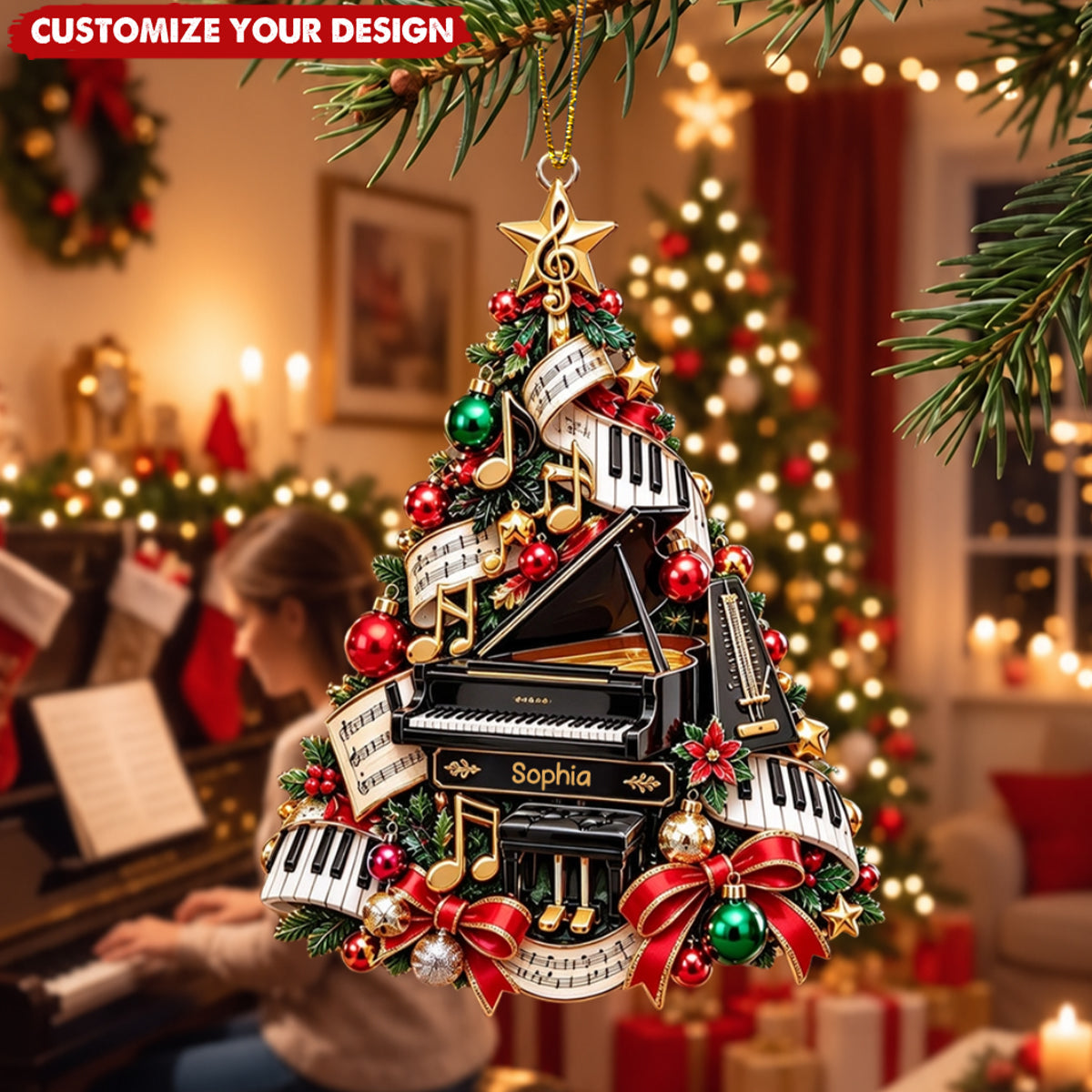 Personalized Piano Christmas Tree Ornament - Custom Name Musician Decor