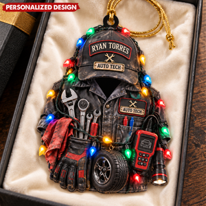 Personalized Mechanic Hat Jacket Ornament, Custom Auto Shop Tech Keepsake