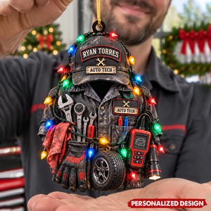 Personalized Mechanic Hat Jacket Ornament, Custom Auto Shop Tech Keepsake