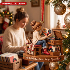 Personalized Vinyl Record Girl Ornament, Custom Christmas Gift For Vinyl Records Lovers