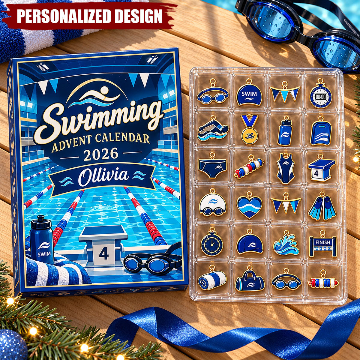 Personalized Swimming Christmas Advent Calendar 2026, 24 Pocket Christmas Ornaments, Gift For Swimmer