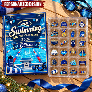 Personalized Swimming Christmas Advent Calendar 2026, 24 Pocket Christmas Ornaments, Gift For Swimmer
