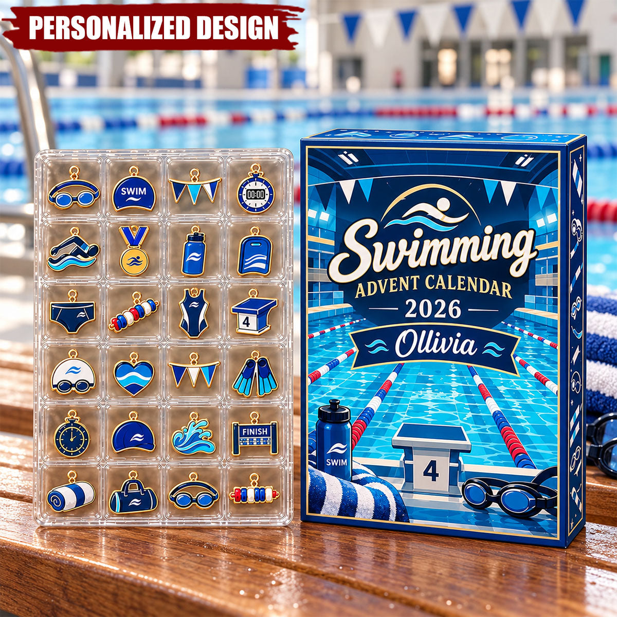 Personalized Swimming Christmas Advent Calendar 2026, 24 Pocket Christmas Ornaments, Gift For Swimmer