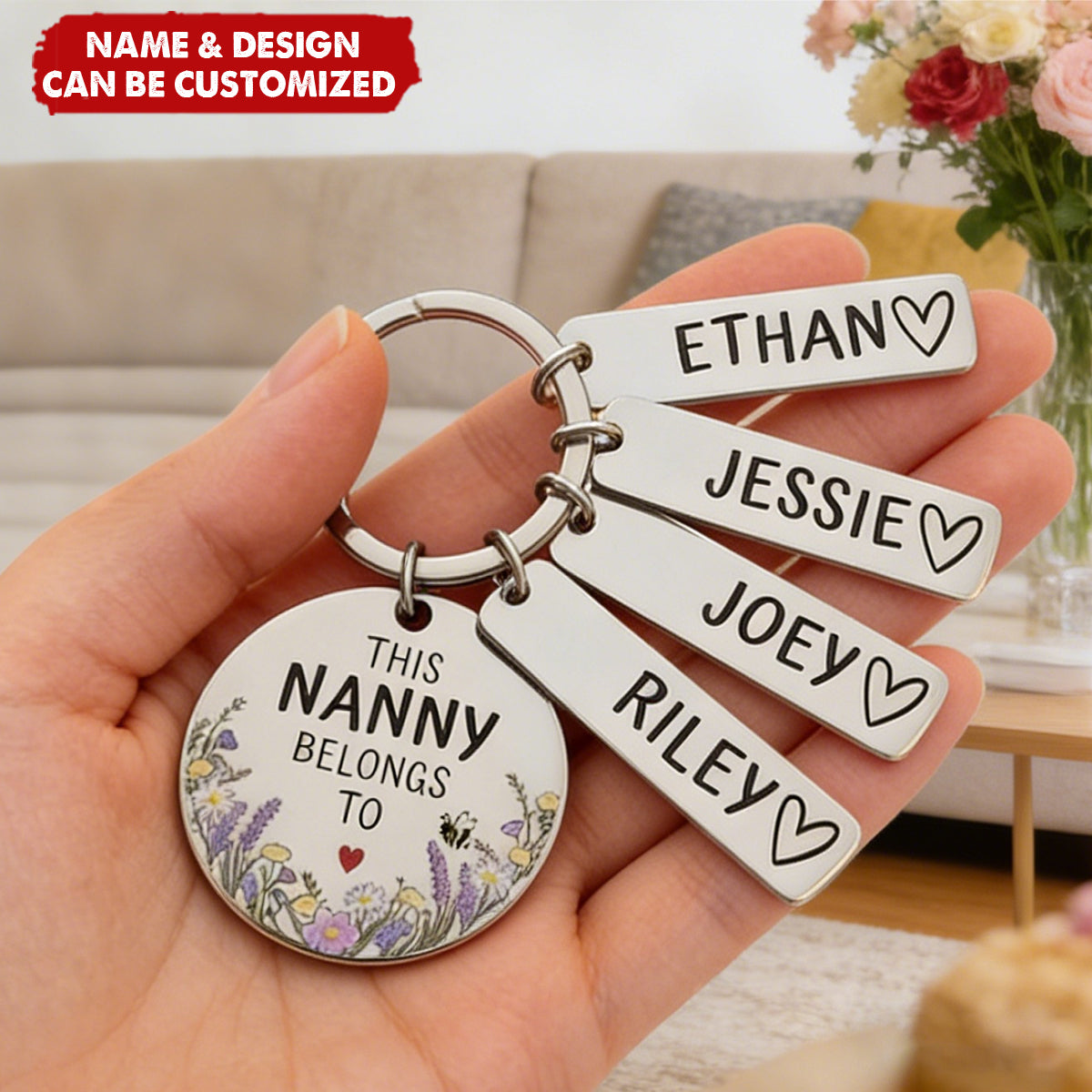 This Nanny, Mummy Belongs To - Personalised Flower Family Stainless Steel Keychain, Mother's Day Gift