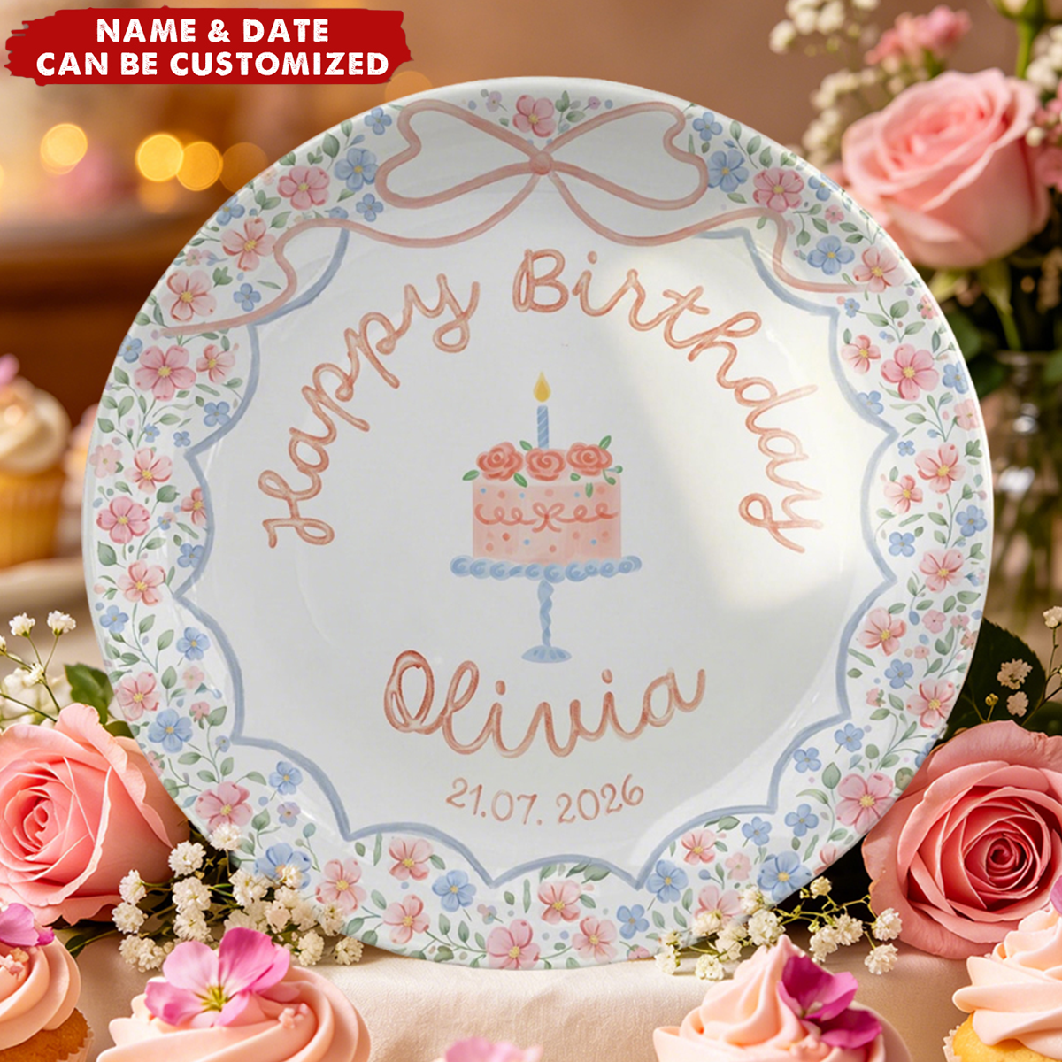 Custom Pink Cake Plate with Name - Personalized Birthday Plate For Girl