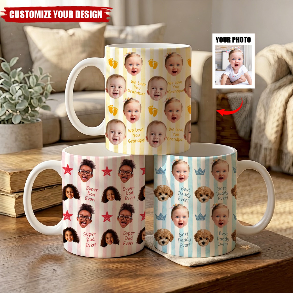 Custom Baby Face Coffee Cup - Personalized Photo Mug for Dad Grandpa, Father’s Day Gift