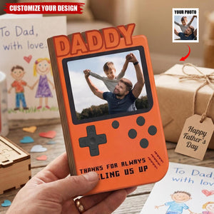 Retro Game Console Photo Wooden Block Sign - Personalized Fathers Day Gift for Gamer Dad