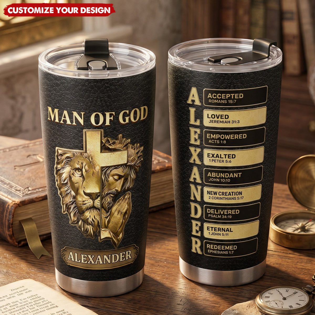 Lion Cross Bible Verse Tumbler - Personalized Man of God Tumbler, Christian Gift for Men